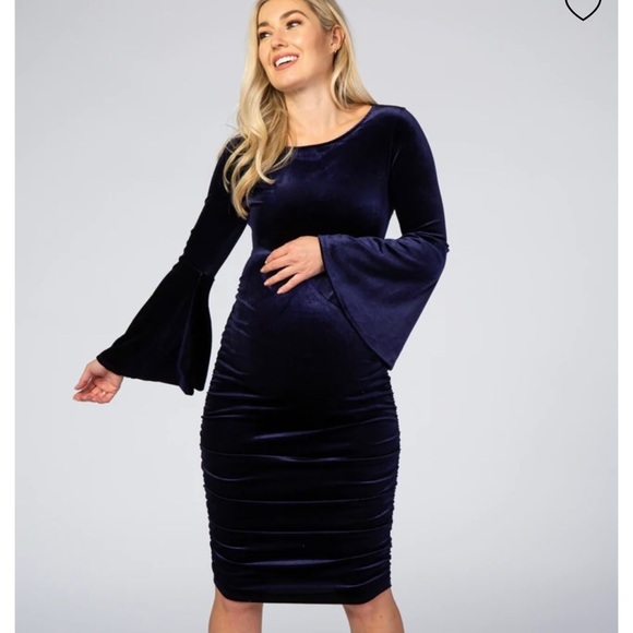Pink Blush Navy Blue Velvet Ruched Bell Sleeve Maternity Dress - Picture 1 of 5
